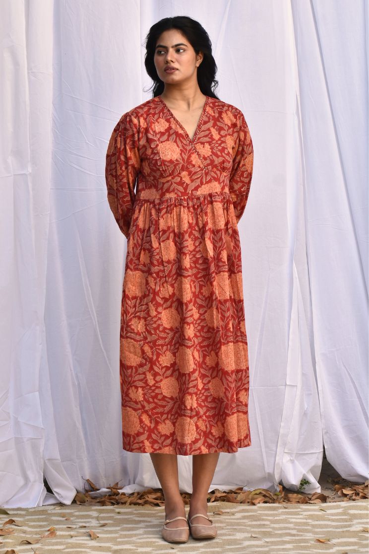 Crimson V Neck Midi Dress